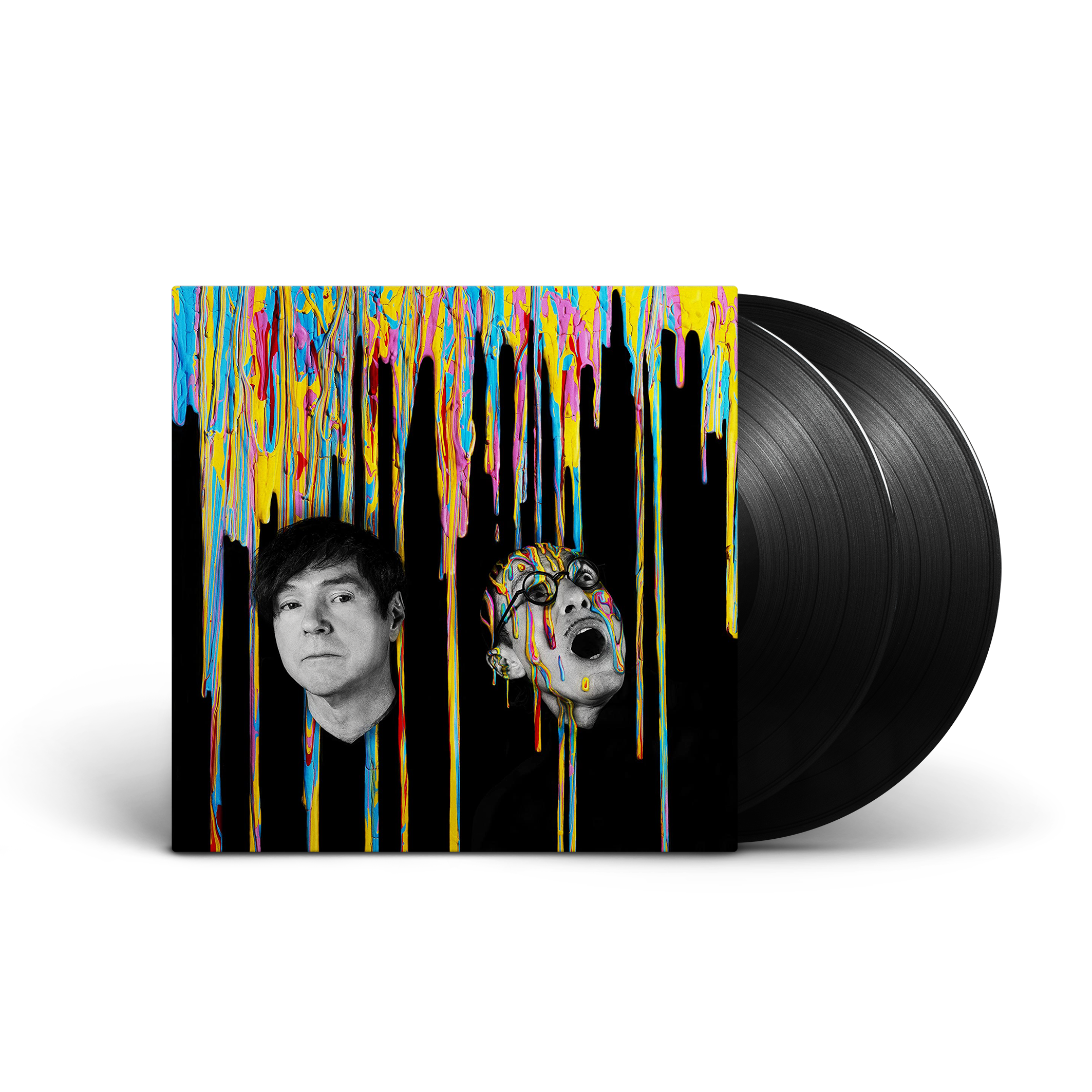 Vinyl record album cover featuring two faces beneath colorful dripping paint streaks.