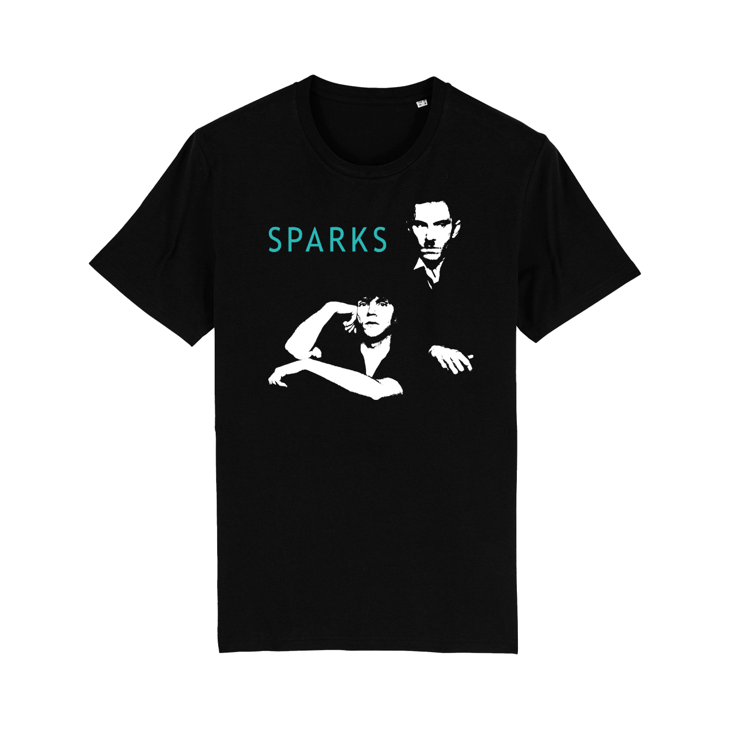 Black t-shirt with a white graphic design featuring two figures and the text ’SPARKS’ in teal lettering.