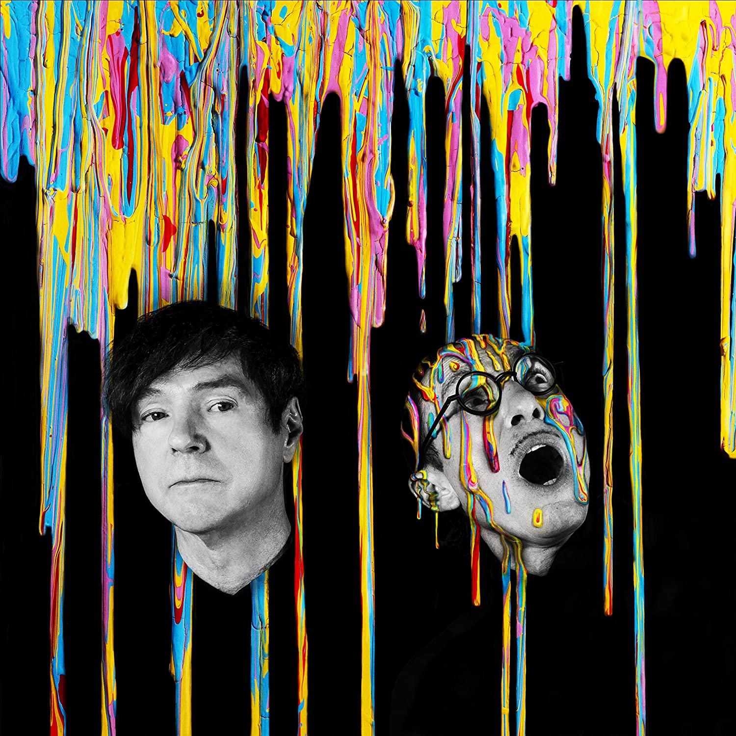 Contrasting portraits of two individuals against a backdrop of colorful dripping paint.